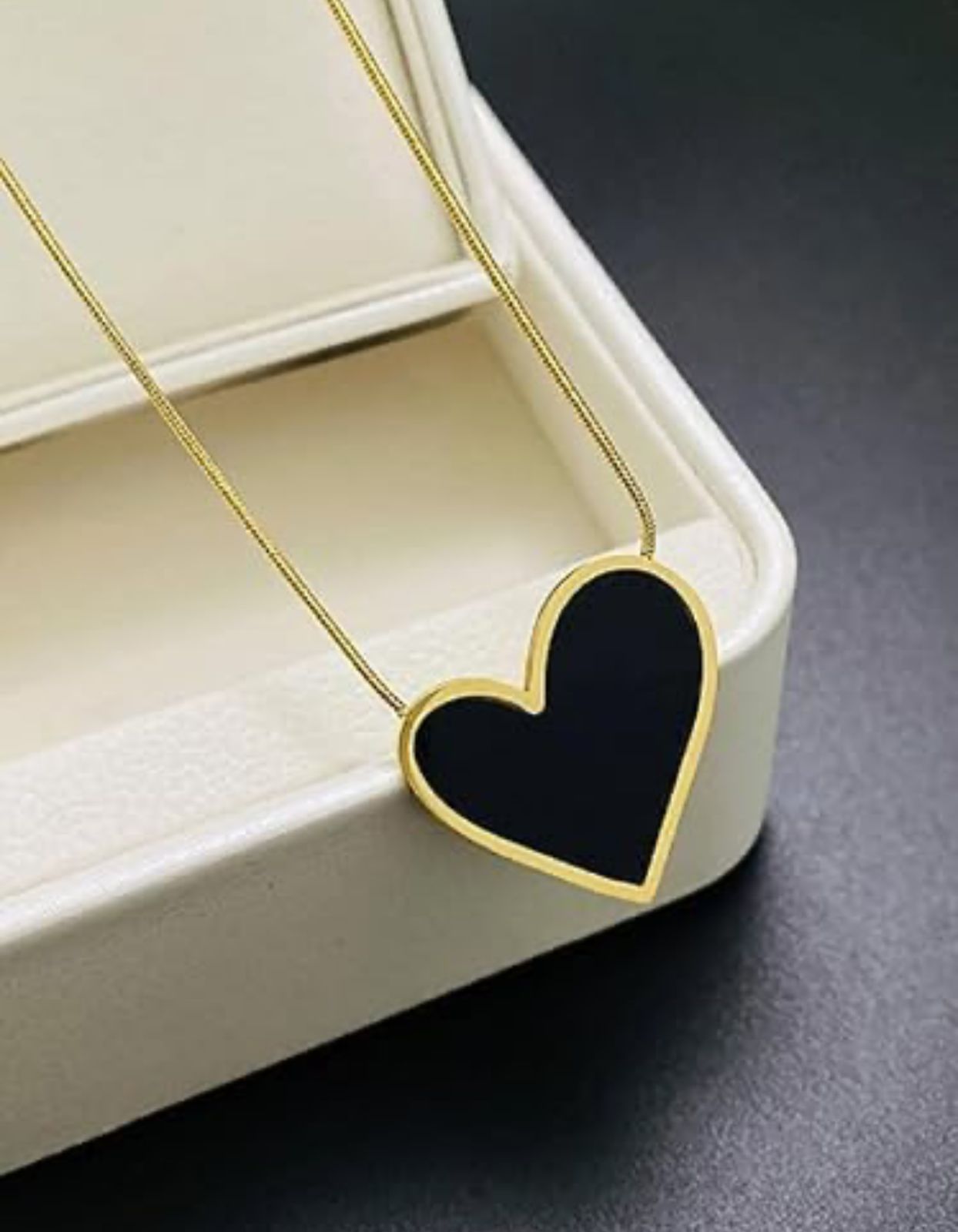 Black Enamel Heart Pendant Necklace – Gold Plated