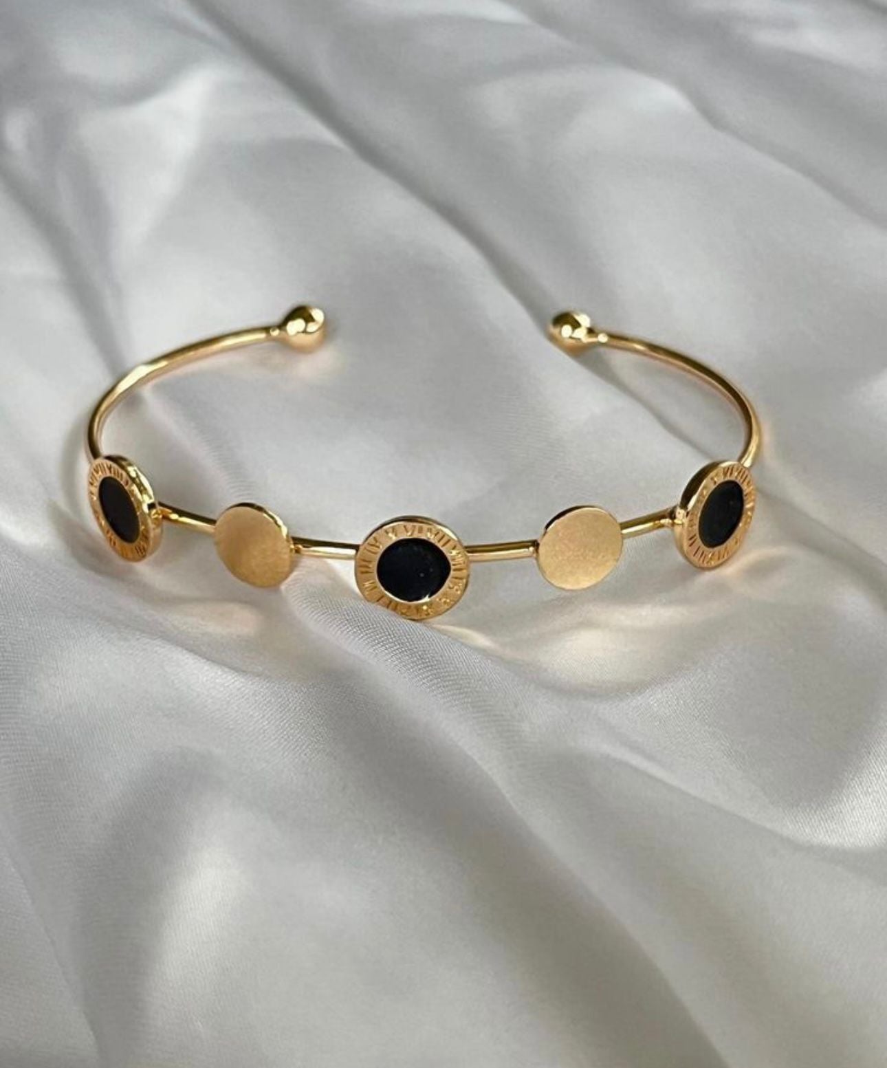 Black Enamel Circle Cuff Bracelet – Gold Plated