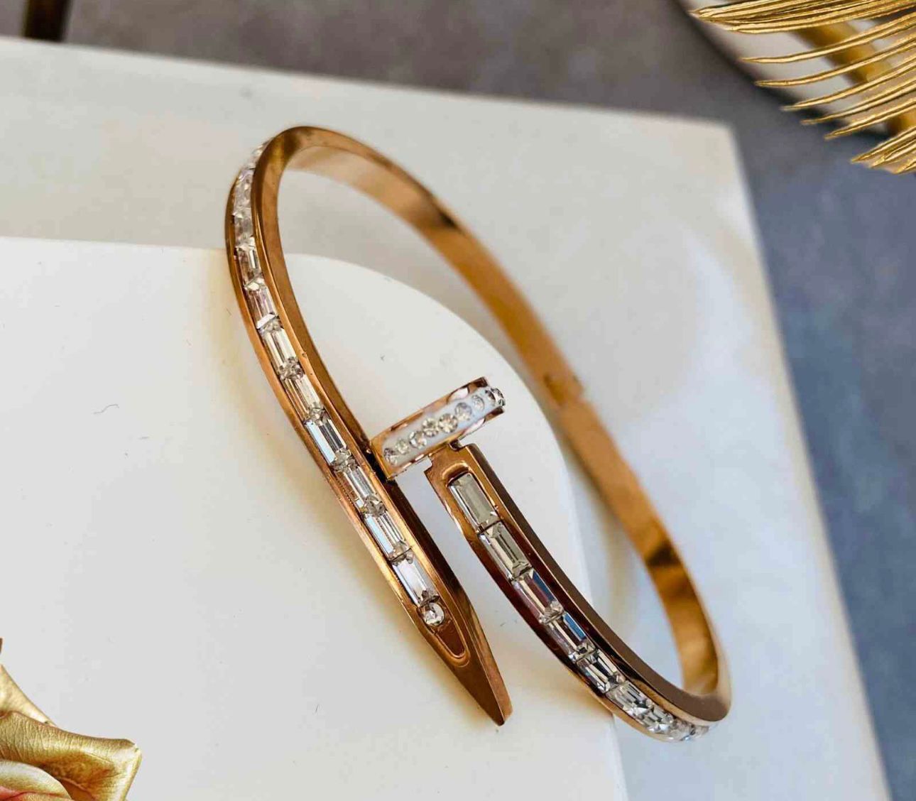 Rose Gold Nail Design Bracelet with Crystal Detailing